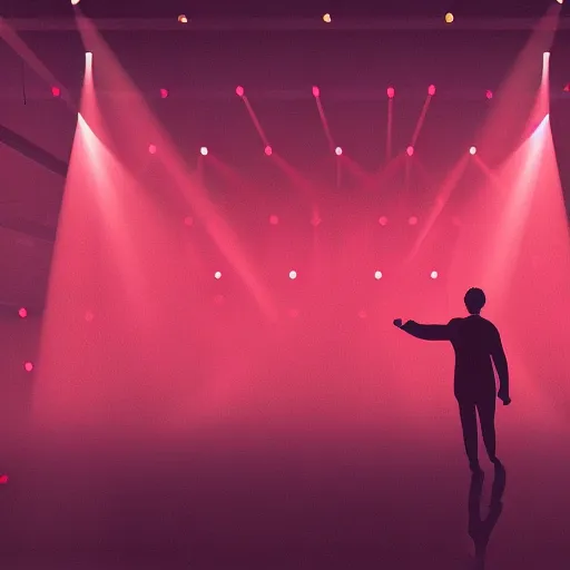 Prompt: a lone singer on stage, with spotlight beam, huge crowd in audience, facing stage, zoom lens, ultra realistic, artstation, red curtains, dramatic lighting, album