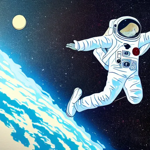 Image similar to Ben Lawson illustration of an astronaut drifting in space staring at the earth