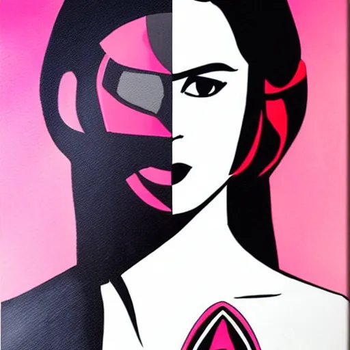 Image similar to a streamline moderne painting of gal gadot as the pink power ranger in the style of keanu reeves, and in the style of michael jackson. symmetry, smooth, sharp focus, semi - realism, intricate detail.