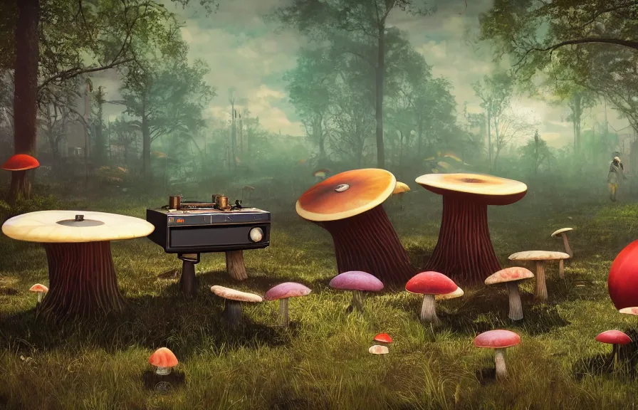 Prompt: A realistic painting of a vintage record player and speakers, with giant psychedelic mushrooms growing out of it, in a post apocalyptic park, daytime, ghibli, unreal 5, DAZ, hyperrealistic, octane render, RPG portrait, dynamic lighting