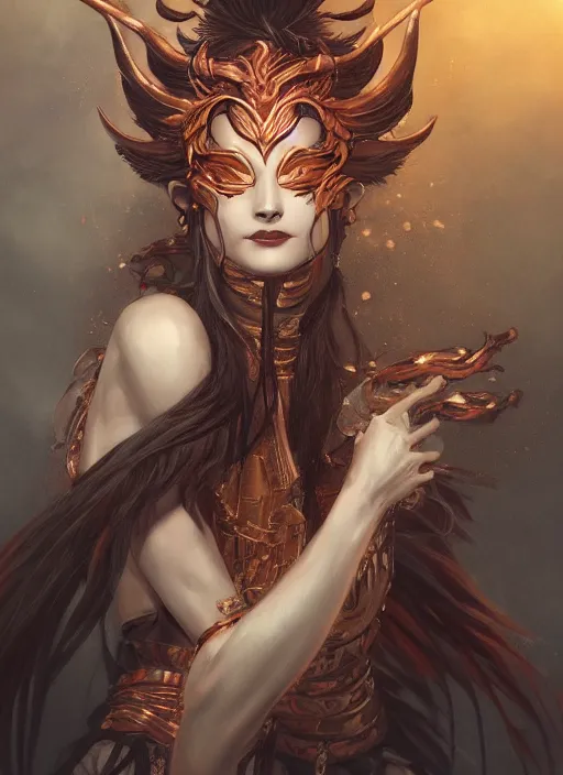 Image similar to a beautiful detailed oil on copper art illustration of a japanese basara mask devil woman, centered, by charlie bowater, zeng fanzh, trending on artstation, dim dusk lighting, cinematic lighting, detailed lighting, volumetric lighting, realistic, f 8, 4 k hd wallpaper