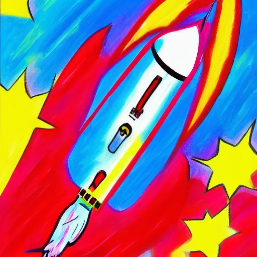 Image similar to a painting of a rocket ship flying through space, a child's drawing by Peter Max, behance contest winner, space art, behance hd, photoillustration, childs drawing