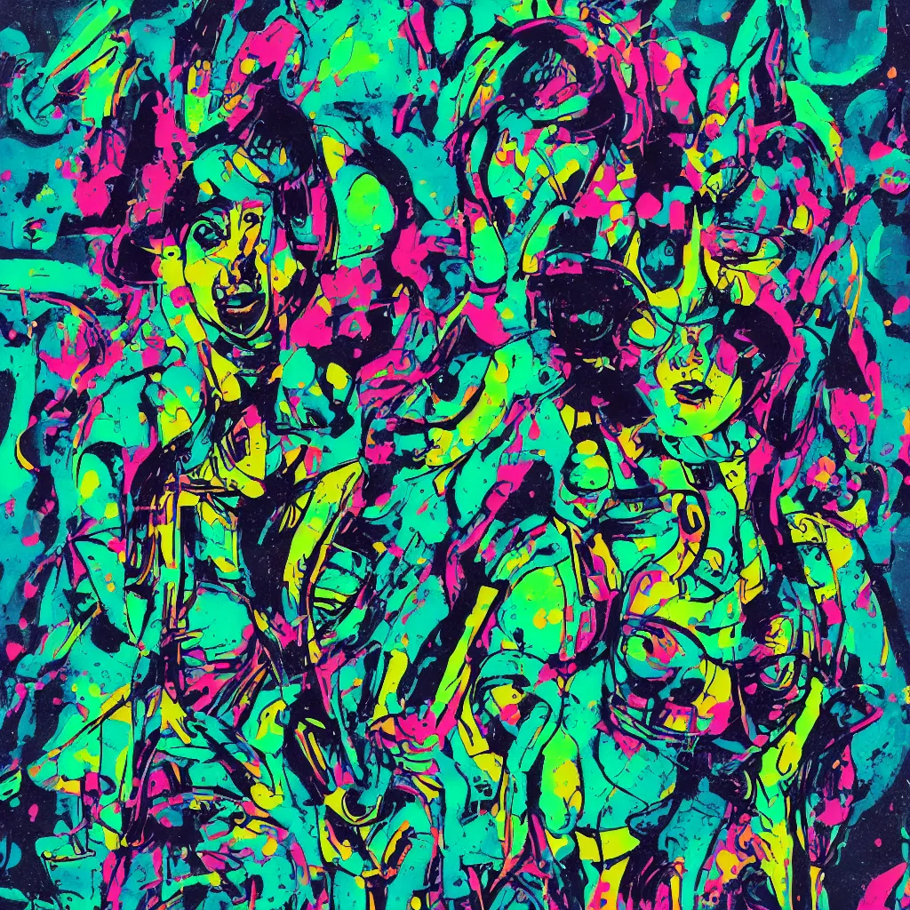 Image similar to girl figure, abstract, jet set radio artwork, cryptic, varying dots, spots, asymmetry, stipple, lines, splotch, color tearing, pitch bending, faceless people, dark, ominous, eerie, hearts, minimal, points, technical, old painting, neon colors, folds