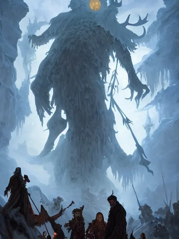 Prompt: giant ice revenant looms over a tiny party of 5 adventurers, high fantasy, horror, dnd, highly detailed, smooth, sharp focus, chiaroscuro, digital painting, artgerm and greg rutkowski and alphonse mucha