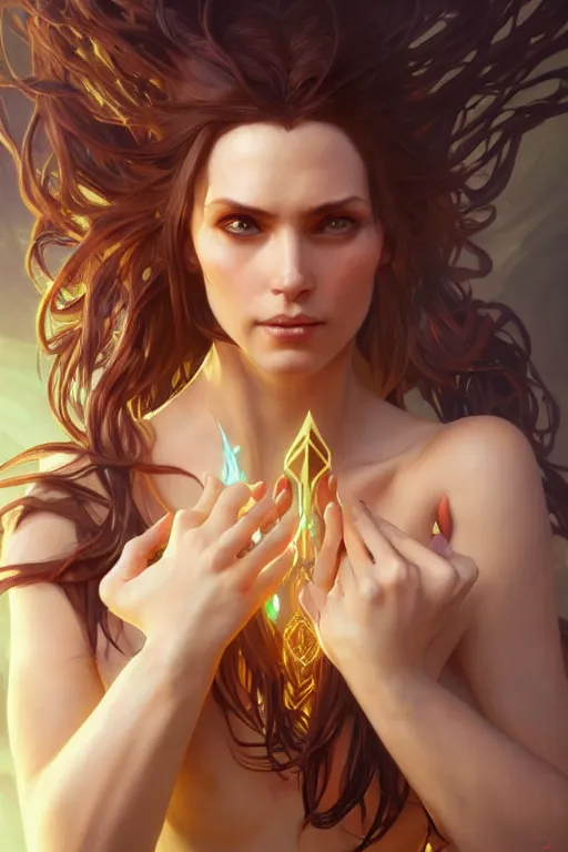 Image similar to beautiful sorceress, accurate anatomy, only two hands, highly detailed, digital painting, artstation, concept art, smooth, sharp focus, illustration, Unreal Engine 5, 8K, art by Artgerm and greg rutkowski and alphonse Mucha