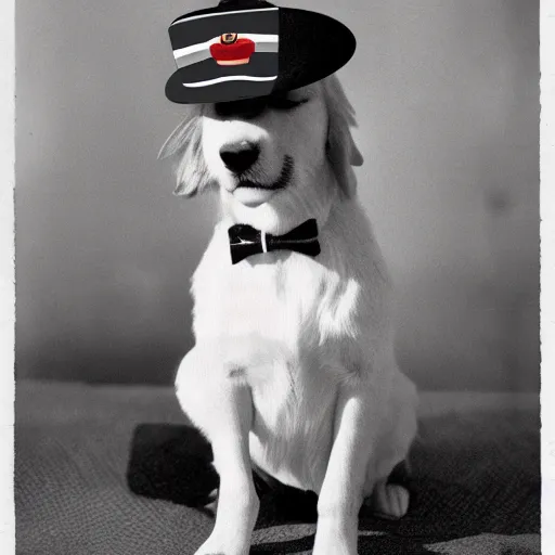 Prompt: photograph of a golden retriever wearing a sailor’s hat, handkerchief, sunglasses