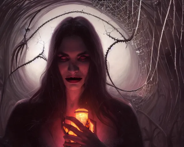 Image similar to a 4 k cinematic screenshot still portrait of a vampire in a dark liminal space room surrounded by spider webs, deep focus, d & d, fantasy, intricate, elegant, highly detailed, digital painting, art station, concept art, matte, sharp focus, illustration, dark fantasy style art, hearthstone, art by artgerm and greg rutkowski and alphonse mucha