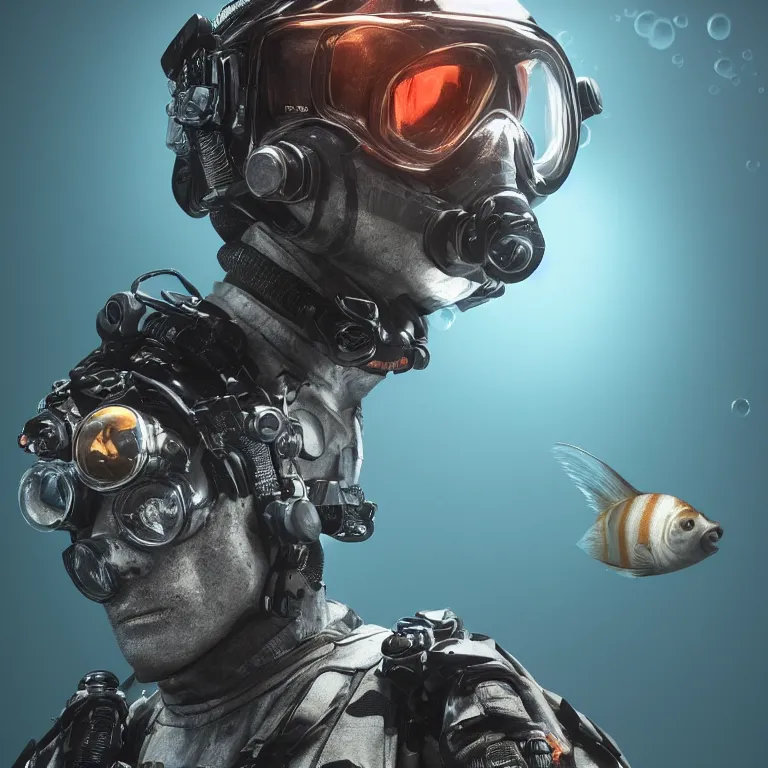 Image similar to octane render portrait by wayne barlow and carlo crivelli and glenn fabry, subject is a shiny reflective tactical black ops futuristic scuba diver with small lights inside helmet, surrounded by bubbles inside an exotic alien coral reef aquarium full of exotic fish, cinema 4 d, ray traced lighting, very short depth of field, bokeh