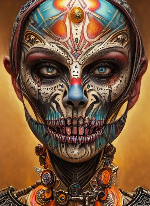 Image similar to hyper detailed masterpiece undead aztec face tattoo warrior by donato giancola and tom bagshaw, face by artgerm and edmund leighton, and h. r. giger, trending on artstation, colorful, psychedelic aesthetic, ornate, background by james jean, 8 k, biomechanical, majestic, volumetric lighting, porcelain skin, concept art, sharp focus