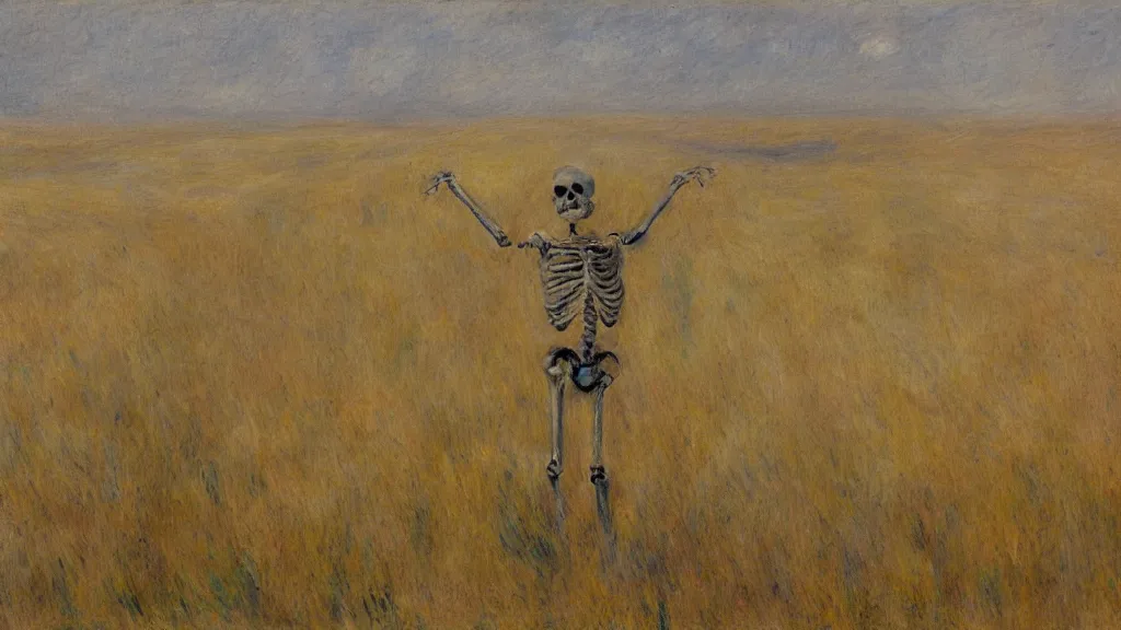 Prompt: a skeleton standing in a stomry, foggy wheat field in style of pierre - auguste renoir,, fine details,