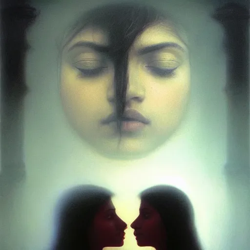 Image similar to perfectly - centered movie promotional poster - photograph of a young indian guy and a beautiful girl side profile faces symmetrical ; real life portrait by beksinski and jean delville, romantic theme, two lovers sharing one heart, unreal engine 5, photorealism, hd quality, 8 k resolution, cinema 4 d, hdr dramatic lighting ; symmetrical, cinematic, high coherence