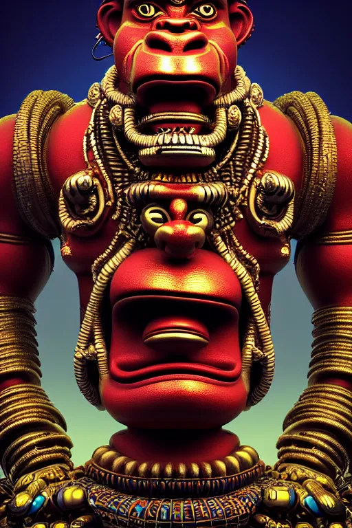 Image similar to high quality 3 d render post - rococo cyberpunk hanuman! head building, neon madhubani, open mouth, highly detailed, in sci - fi new delhi, cinematic smooth unreal engine, lee madgwick & liam wong, dramatic light, low angle, uhd 8 k, sharp focus