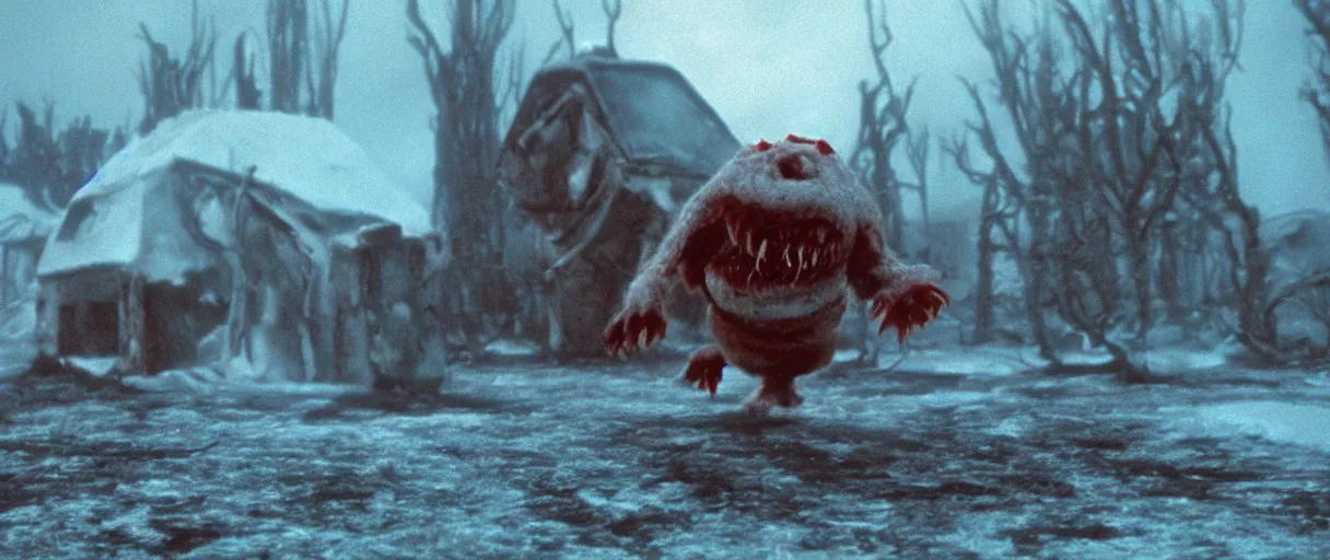 Image similar to filmic extreme wide shot movie still 4 k uhd interior 3 5 mm film color photograph of a detached snarling distorted deformed creature abstract shape shifting organism made of human tissue, running around the an arctic village that is on fire chasing humans in the style of the horror film the thing 1 9 8 2