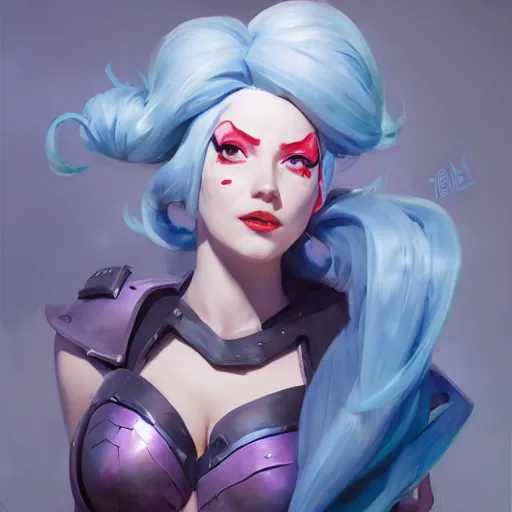 Image similar to greg manchess portrait painting of partially armored blue haired jinx from league of legends as overwatch character, medium shot, asymmetrical, profile picture, organic painting, sunny day, matte painting, bold shapes, hard edges, street art, trending on artstation, by huang guangjian, gil elvgren, ruan jia, greg rutkowski, gaston bussiere