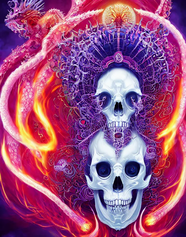 Prompt: demon goddess close-up portrait skull, jellyfish phoenix dragon, butterfly squid, burning halo, white plastic. mandala blurred background intricate artwork by Tooth Wu and wlop and beeple, greg rutkowski, very coherent symmetrical artwork, cinematic, hyper realism, high detail, octane render, unreal engine, 8k, Vibrant colors, Smooth gradients, High contrast, depth of field