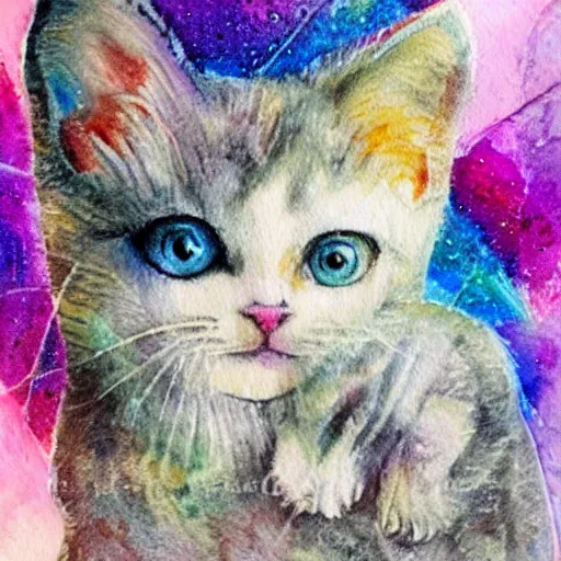 Prompt: a white kitten passing through a prism and becomes magically fractured into kittens of every color of the rainbow, fantasy watercolor,