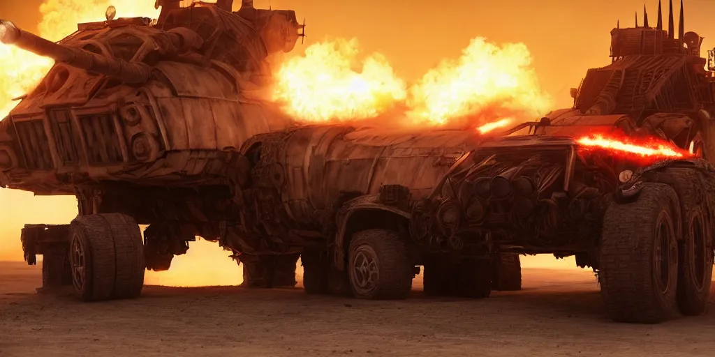 Image similar to Darth Vader standing on a driving armored post apocalyptic battle car in the desert and firing a flamethrower, Mad Max Fury Road, film, sandstorm, fire, realistic, center frame, symmetrical, spikes, flags, dust