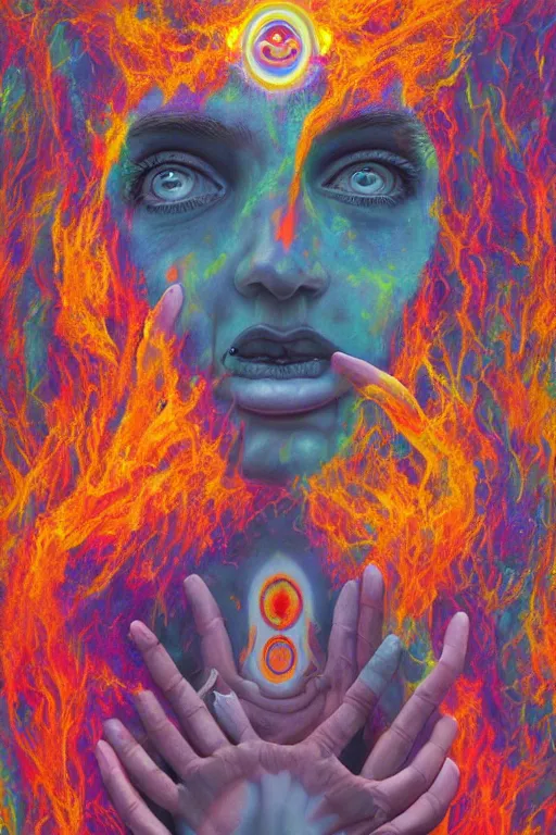 Image similar to acid tripping cult girl third eye open, chakra energy waves resonating from her body, ethereal aura, epic surrealism 8k oil painting, portrait, perspective, high definition, post modernist layering, by Sean Yoro, Casey Weldon