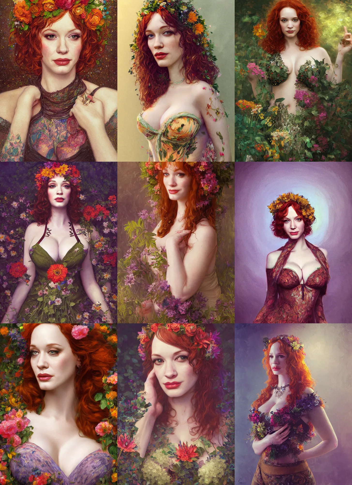 Prompt: sophisticated portrait of Christina Hendricks as a flower hippie in a smokey Paris tavern, bokeh background, elegant, highly detailed, shallow depth of field, concept art, Artstation, Artgerm, Donato Giancola, Joseph Christian Leyendecker