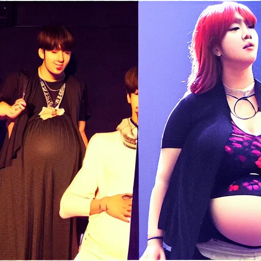 Prompt: pregnant jungkook from bts with big belly on stage, photograph