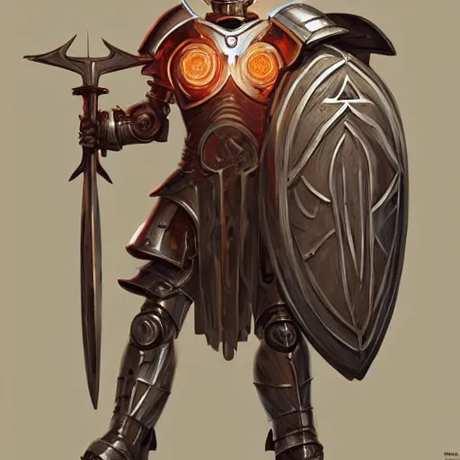 Image similar to beautiful warforged crusades construct wood steel holy cleric crusader runes warforged crusades tabard cloak divine knight shield, glowing eyes, intricate, elegant, highly detailed, digital painting, artstation, concept art, smooth, sharp focus, illustration, art by artgerm and greg rutkowski and alphonse mucha and loish and wlop