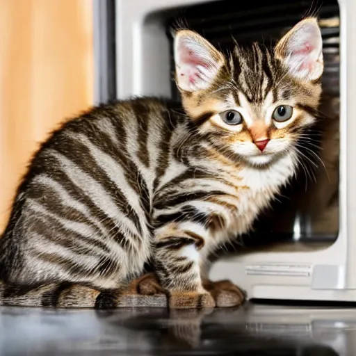 Image similar to a tabby kitten inside a kitchen oven looking at camera