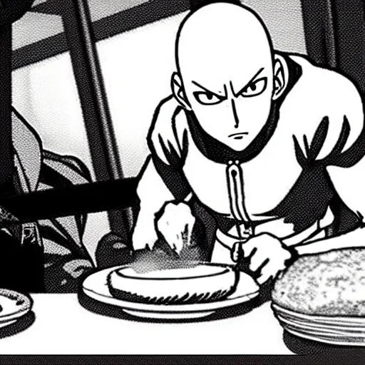 Prompt: saitama one punch man cooking french baguette, bakery