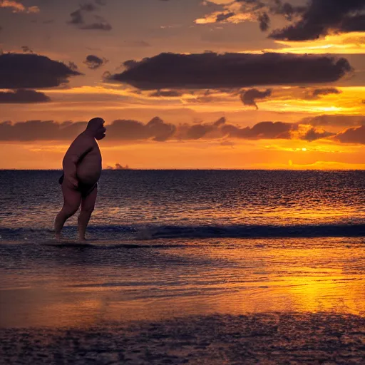 Prompt: cinematic shot of a shirtless fat old man swimming in an ocean of mayonnaise during a sunset, 8k, epic, dslr,