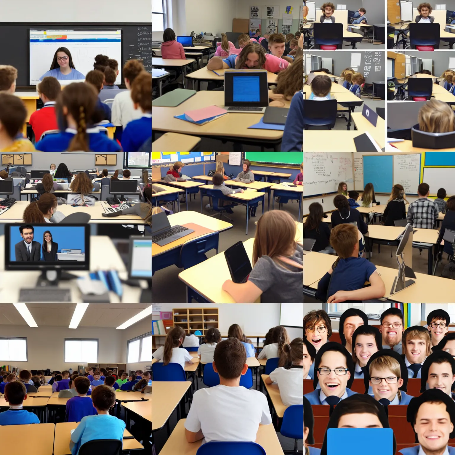 Prompt: first - person view of the back of a few students at their desks facing the teacher all with comically enlarged heads