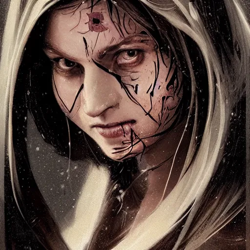 Image similar to portrait of an woman by Greg Rutkowski, she is about 20 years old, pretty, long brown wavy hair, blackout tattoos on her face, scar near her mouth that makes her look like she's smiling all the time, wearing black sith robes, Star Wars Expanded Universe, highly detailed portrait, digital painting, artstation, concept art, smooth, sharp foccus ilustration, Artstation HQ