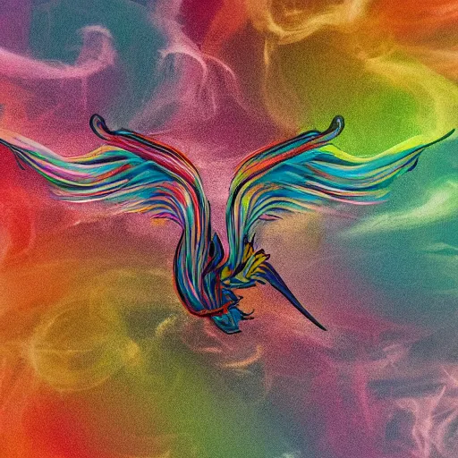 Image similar to multi color smoke with the small ( outstretched ribbed wings and head of a fairytale dragon ), billowy, 8 k, 4 k