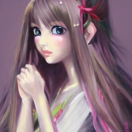 Image similar to oil painting of a beautiful pretty pure kawaii cute lovely innocent elegant hot nice sweet girly feminine long hair anime ELF waifu sister girl Trending on Pixiv