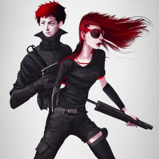 Prompt: a concept art of a boy and a girl with red hair holding a gun, gothic clothes, clean silhouette, highly detailed, digital painting, artstation, concept art, smooth, sharp focus, illustration