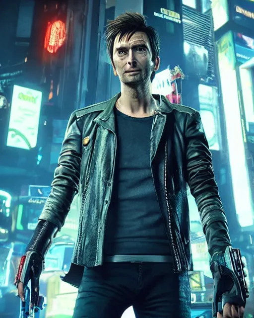 Image similar to David Tennant in the role of Johnny Silverhand from Cyberpunk 2077, amazing short, 8K, IMAX, ultra detailed