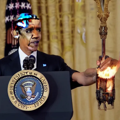 Prompt: Barack Obama holding huge flaming sword in the white house