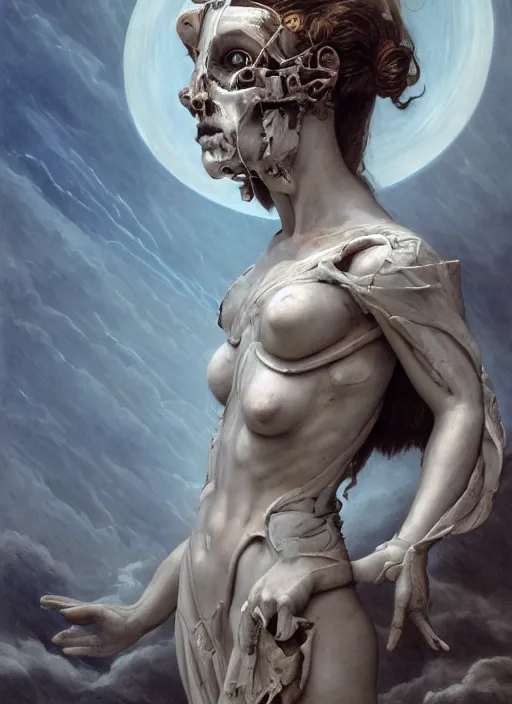 Image similar to portrait of a diabolical marble cyborg girl, ancient greek statue, wearing torn white cape, dynamic pose, thunder, glowing eyes, post apocalyptic ancient ruins, glowing veins subsurface scattering, in clouds, sunset, portrait, by gerald brom, by mikhail vrubel, by peter elson, muted colors, extreme detail, trending on artstation, 8 k