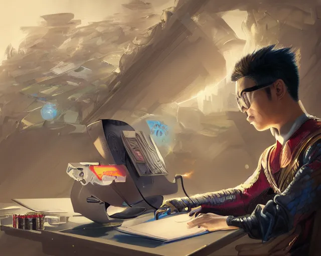 Image similar to an insanely detailed painting of a nerdy asian man wearing a superhero costume, sitting at a desk, staring at the nervously at the computer and typing, in the style of peter mohrbacher, dramatic lighting and composition, octane render, pixar, trending on artstation, concept art, comic book, view from behind