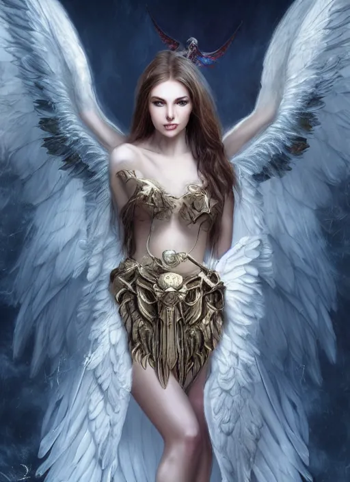 Prompt: a beautiful woman archangel big wings, full body, 8 k, hyperrealistic, hyperdetailed, beautiful face, long hair, dark fantasy, fantasy portrait by laura sava