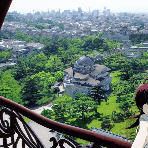 Prompt: makoto shinkai view from castle balcony overlooking kingdom