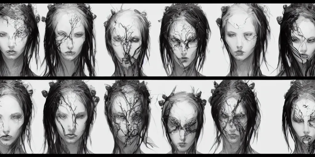 Prompt: gothic mermaid character face detail designs, Greg Rutkowski, character sheet, kim jung gi, Darek Zabrocki, Karlkka, Jayison Devadas, Phuoc Quan, trending on Artstation, 8K, ultra wide angle, pincushion lens effect