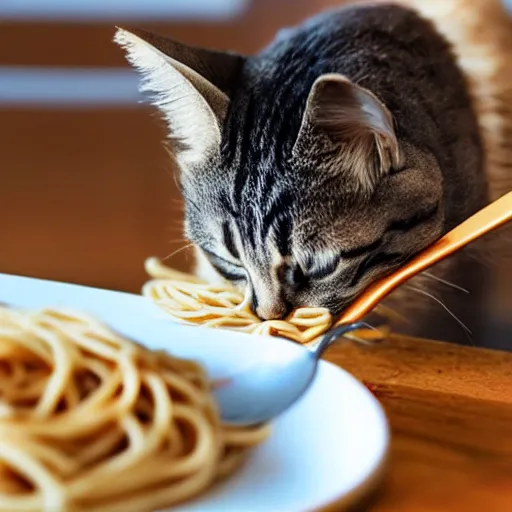 Prompt: cat eating spaghetti with a spoon