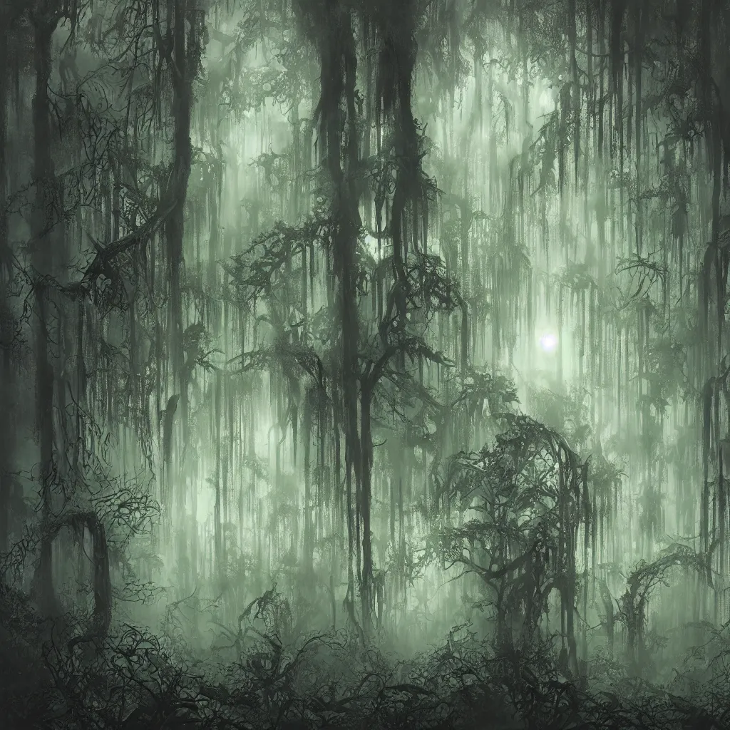 Prompt: a dark haunted swampy jungle forest at midnight, upward cinematic angle, thick mist, by Bernie Wrightston, Bill Sienkiewicz and Rodney Matthews, ghostly low light, stunning composition, intricate, elegant, digital art, hyperdetailed, full color mixed media painting, hyperrealistic, sharp focus, 8k