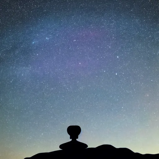 Image similar to Film still of silhouette of indian statue, sukhasana, starry sky, flying saucer, with radiating hill, full shot