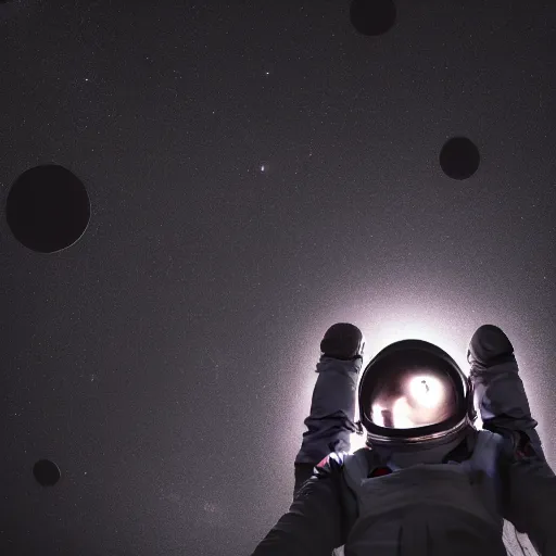 Image similar to photograph of an astronaut against the pitch black darkness of space, full body photo, lit from below, amazing light and shadow contrast,, 8 k