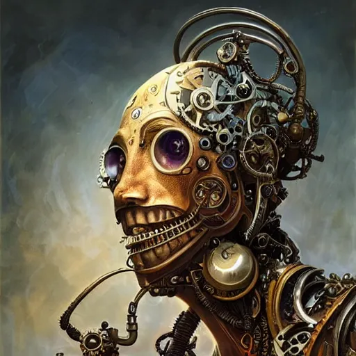 Image similar to low angle shot of a steampunk cyborg by clive barker, intricate, elegant, highly detailed, centered, digital painting, artstation, concept art, smooth, sharp focus, illustration, artgerm, Tomasz Alen Kopera, Peter Mohrbacher donato giancola, Joseph Christian Leyendecker, WLOP, Boris Vallejo.