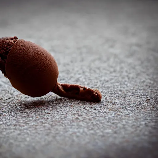 Prompt: detailed, textured, color photograph of a levitating chocolate ice cream cone with huge, hairy spider legs. dramatic light.