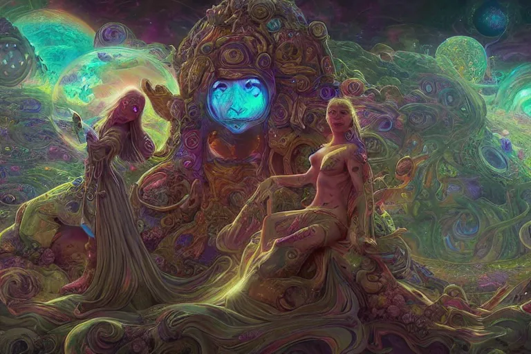 Image similar to a psychedelic realm at the edge of existence where intensely creative astral beings live, the astral beings are holding each other to share love, in the style of WLOP, illustration, epic, fantasy, hyper detailed, smooth, unreal engine, sharp focus, ray tracing