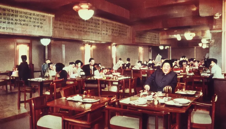 Prompt: 70s movie still of north-korean restaurant palace with kim il-sung portrait, eastmancolor, heavy grain, high quality, higly detailed