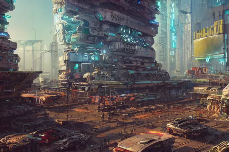 Image similar to hyperrealistic matte painting of futuristic robot quetzalcoatl, in a cyberpunk future environment with flying cars, mechanical features and graffiti, scaffolding, smog, destruction by eddie mendoza, beeple, 4 k, trending on cgsociety