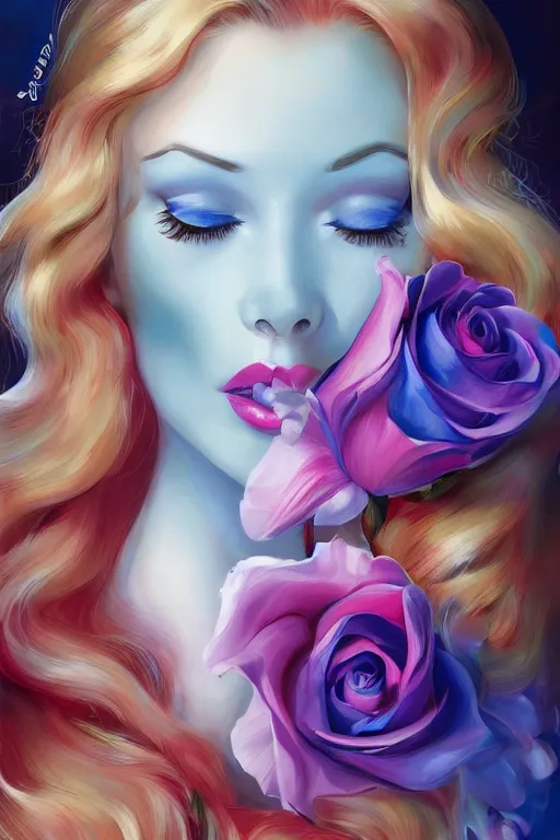 Prompt: beautiful digital painting Veronica Lake and blue roses and rubies, by Georgia O\'Keeffe, Carmelo Blandino, Cyril Rolando, artstation, Behance, 4K,